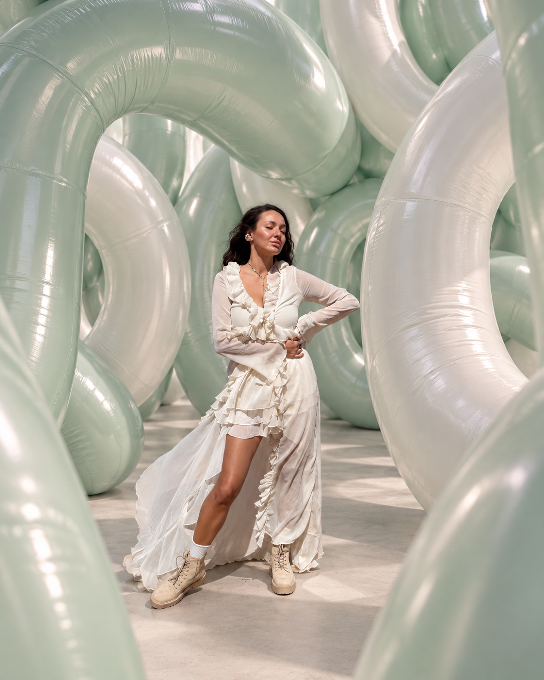 Antonina among sculptural pastel forms